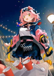 Rule 34 | 1girl, absurdres, animal ears, arknights, ball, beer pong, black hairband, black skirt, bottle, braid, breasts, cat ears, cat girl, cat tail, cup, disposable cup, extra ears, fang, frilled skirt, frills, garter straps, glass bottle, goldenglow (arknights), hairband, highres, holding, holding bottle, large breasts, lightning bolt symbol, long sleeves, miniskirt, open mouth, outdoors, pink hair, puffy long sleeves, puffy sleeves, scottish fold, shirt, side braid, single braid, skirt, table tennis ball, tail, thighhighs, welt (kinsei koutenkyoku), white shirt, white thighhighs, yellow eyes