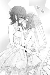 2girls asanagi_yori blush braid bridal_veil closed_eyes closed_mouth commentary dress elbow_gloves female_focus gloves greyscale half_up_braid half_updo highres hug jewelry kino_himari looking_at_another lwmina70119 medium_hair monochrome multiple_girls ring sasayaku_you_ni_koi_wo_utau sleeveless sleeveless_dress veil wedding_dress wedding_ring wife_and_wife yuri