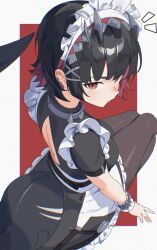 1girl back_cutout black_dress black_hair blush closed_mouth clothing_cutout dress ellen_joe fins fish_tail from_above from_behind hashtag-only_commentary hectorrambito highres light_blush looking_at_viewer looking_back maid maid_headdress multicolored_hair pantyhose purple_hair red_eyes shark_girl shark_tail short_hair simple_background solo tail two-tone_hair zenless_zone_zero
