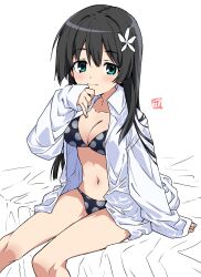 1girl :3 aqua_eyes bare_legs bikini black_hair blue_bikini blush breasts cleavage closed_mouth collarbone collared_shirt flower hair_flower hair_ornament highres large_breasts long_hair long_sleeves looking_at_viewer navel open_clothes open_shirt polka_dot polka_dot_bikini saten_ruiko shirt sitting sleeves_past_wrists smile solo stomach swimsuit take_shinobu toaru_majutsu_no_index white_flower white_shirt