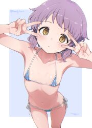 1girl absurdres armpits bare_shoulders bikini blue_background blue_bikini blush border collarbone cowboy_shot dot_nose double_v expressionless eyelashes flat_chest from_below groin halterneck hands_up highres idolmaster idolmaster_million_live! idolmaster_million_live!_theater_days komodj looking_at_viewer makabe_mizuki micro_bikini navel outside_border parted_lips purple_hair ribs short_hair side-tie_bikini_bottom sidelocks signature skinny solo standing swimsuit twitter_username v wavy_hair white_border yellow_eyes