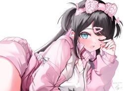 1girl black_hair blue_eyes bow colored_inner_hair dow_suitable hair_bow hair_ornament hairband hairpin highres jacket kaga_nazuna long_hair lupinus_virtual_games lying multicolored_hair on_side one_eye_closed open_clothes open_jacket open_mouth parted_bangs pink_hair pink_jacket pink_shorts rubbing_eyes shirt shorts simple_background solo track_jacket two-tone_hair two_side_up virtual_youtuber vspo! white_background white_shirt