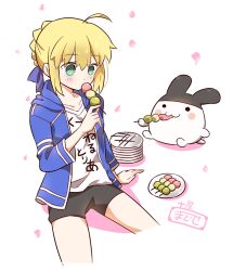Rule 34 | 1girl, ahoge, alternate costume, artist self-insert, artoria pendragon (fate), black shorts, blonde hair, blue bow, blue jacket, bow, braid, braided bun, dango, eating, fate/stay night, fate (series), food, green eyes, hair bow, hair bun, holding, holding food, hood, hooded jacket, jacket, official alternate costume, plate, saber (fate), sanshoku dango, shirt, shorts, sidelocks, tsuchiya madose, wagashi, white background, white shirt