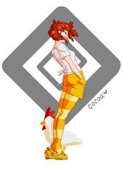 1girl bird birdbrain_(synthesizer_v) breasts butt_crack chicken cooca_cat crocs drill_hair green_sandals green_shorts green_thighhighs hands_in_pockets highres kasane_teto red_eyes red_hair sandals shirt short_hair short_sleeves shorts sidelocks small_breasts solo standing striped_clothes striped_thighhighs t-shirt thighhighs tied_shirt tiptoes twin_drills utau white_shirt