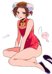 ... 1boy androgynous axis_powers_hetalia bare_arms bare_legs between_legs brown_eyes brown_hair bun_cover china_(hetalia) china_dress chinese_clothes cleavage_cutout clothing_cutout crossdressing dress flat_chest hand_between_legs looking_at_viewer no_panties purple_shoes red_dress sanamaru_(sana79261827) shoes short_dress short_hair single_bare_foot sleeveless sleeveless_dress solo trap