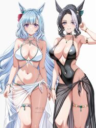 Rule 34 | 2girls, animal ears, bikini, black hair, black one-piece swimsuit, blue eyes, breasts, commentary request, grey background, highres, horse ears, horse girl, large breasts, looking at viewer, mejiro ardan (umamusume), mejiro ramonu (umamusume), mole, mole under eye, multicolored hair, multiple girls, one-piece swimsuit, purple eyes, siblings, simple background, sisters, standing, streaked hair, swimsuit, thigh strap, thighs, tsukiyuki mike, umamusume, white bikini, white hair