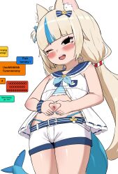 1girl absurdres animal_ears bikini bikini_under_clothes black_eyes blonde_hair blue_bikini blue_hair blue_sailor_collar blush cat_ears cowboy_shot dress english_text fins fish_girl fish_tail flat_chest highres indie_virtual_youtuber kitavana loli low_twintails multicolored_hair navel one_eye_closed one_side_up open_mouth sailor_collar sameko_saba short_shorts shorts simple_background solo streaked_hair striped_bikini striped_clothes swimsuit tail teeth twintails two-tone_hair upper_teeth_only virtual_youtuber white_background white_dress white_shorts
