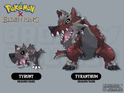 bromojumbo collar copyright_name crossover elden_ring fusion gen_6_pokemon grey_background highres looking_at_viewer nintendo no_humans pokemon pokemon_(creature) spiked_collar spikes twitter_username tyrantrum tyrunt