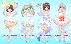 4girls anchovy_(girls_und_panzer) ankle_bow ankle_ribbon balloon bare_arms bare_legs bare_shoulders blowing_bubbles blue_background blue_eyes blush bow breasts bridal_gauntlets bridal_veil brown_eyes brown_hair bubble bubble_wand character_name choker cleavage closed_eyes collarbone cup dress drill_hair floral_print flower freckles frilled_dress frills full_body girls_und_panzer girls_und_panzer_senshadou_daisakusen! gradient_background green_bow green_hair green_ribbon grey_hair hair_bow hair_bun hair_flower hair_ornament hair_ribbon hat high-low_dress high_heels highres holding holding_balloon holding_cup holding_umbrella itsumi_erika layered_dress leg_ribbon legs mini_hat multiple_girls nishizumi_maho official_art one_eye_closed open_mouth rain red_bow red_eyes ribbon see-through_clothes see-through_sleeves shoes short_hair sidelocks silver_shoes skirt_hold sleeveless sleeveless_dress smile sneakers splashing standing standing_on_one_leg strapless strapless_dress strappy_heels thighs translated tsuchiya_(girls_und_panzer) twin_drills umbrella undersized_object veil water wedding_dress white_bow white_dress white_shoes