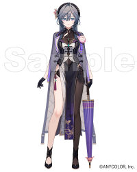 1girl aqua_eyes asymmetrical_legwear butterfly_hair_ornament copyright_notice full_body grey_hair hair_ornament holding holding_umbrella kisara_(nijisanji) long_hair mismatched_legwear nijisanji official_art sample_watermark tokki umbrella virtual_youtuber watermark white_background