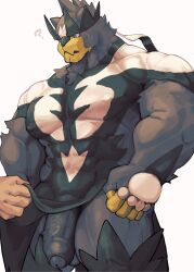 1boy ? bara covered_abs covered_erect_nipples flaccid foreskin furry furry_male gen_8_pokemon highres keidoro_kemono large_pectorals large_penis legendary_pokemon lifting_another&#039;s_clothes male_focus muscular muscular_male nintendo pectorals penis pokemon pokemon_(creature) simple_background solo_focus urshifu urshifu_(single) veins veiny_penis