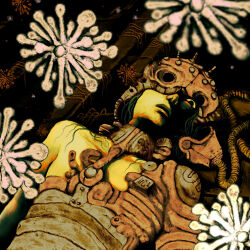 bandages cable collarbone godhusk_-_rebirth green_hair helmet highres horror_(theme) lips parted_lips plastiboo solo spores