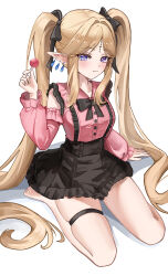 1girl absurdres alternate_costume bare_legs barefoot black_bow black_bowtie black_skirt blonde_hair blush bow bowtie breasts candy cartethyia_(wuthering_waves) closed_mouth commentary detached_sleeves earrings feet food hair_bow hair_intakes highres holding holding_candy holding_food holding_lollipop jewelry jirai_kei legs light_smile lollipop long_hair long_sleeves looking_at_viewer luto medium_breasts multiple_hair_bows parted_bangs pink_shirt pointy_ears purple_eyes shirt sidelocks simple_background sitting skirt soles solo tacet_mark_(wuthering_waves) thigh_strap thighs toes twintails very_long_hair white_background wuthering_waves