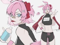 Rule 34 | 1girl, abs, animal ears, bandaid, bandaid on face, bandaid on nose, bare shoulders, black shirt, black shorts, blue eyes, bottle, bow, bracelet, cape, comely material morning (horse race tests), cowboy shot, fang, hair between eyes, hair bow, hair ornament, hand on own hip, highres, holding, holding bottle, horse ears, horse girl, horse race tests, jewelry, looking at viewer, looking to the side, midriff, multiple views, navel, non-web source, open mouth, pink ribbon, pointing, pointing forward, red bow, red cape, ribbon, shirt, shorts, sleeveless, sleeveless shirt, tmpuramentu, tongue, tongue out, water bottle