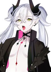 1girl absurdres black_jacket breasts fate/grand_order fate_(series) highres horns jacket long_hair looking_at_viewer naked_jacket open_mouth ordeal_call_servant_(female) pointy_ears sakuma_kou solo tongue tongue_out topless_female twintails white_background white_hair yellow_eyes