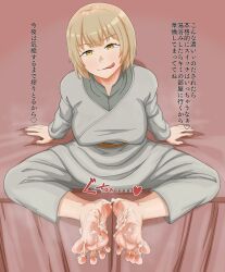 1girl absurdres barefoot blonde_hair butida0909 cum dungeon_meshi falin_touden feet highres licking_lips looking_at_viewer medium_hair smile soles steam sweat toes tongue tongue_out translated yellow_eyes