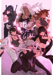Rule 34 | 6+girls, artist name, bandaged arm, bandages, bare shoulders, belt, black pants, black shorts, black sleeves, black tank top, border, braid, breasts, brown hair, chabashira tenko, choker, collarbone, crossed arms, danganronpa: trigger happy havoc, danganronpa (series), danganronpa 2: goodbye despair, danganronpa v3: killing harmony, detached sleeves, english text, freckles, glasses, gradient background, green eyes, grey hair, grey pants, grin, gun, hair ornament, hairband, hairclip, handgun, hands up, harukawa maki, highres, holding, holding gun, holding weapon, ikusaba mukuro, katana, large breasts, long hair, medium breasts, midriff, missarilicious, mole, mole under eye, multiple girls, muscular, muscular female, navel, ogami sakura, owari akane, pants, pekoyama peko, pink choker, pink hairband, pistol, red eyes, red scrunchie, rifle, scrunchie, shirt, short hair, short shorts, short sleeves, shorts, smile, sniper rifle, sword, tank top, teeth, twin braids, very long hair, weapon, white border