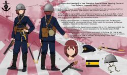 Rule 34 | absurdres, bad source, brown eyes, brown hair, canteen, helmet, highres, holster, imperial japanese navy, military uniform, mrxinom, naval uniform, original, reference sheet, scabbard, second sino-japanese war, sheath