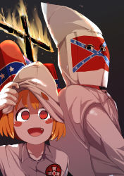 1boy 1girl black_eyes blush blush_stickers burning burnt collarbone collared_shirt confederate_flag cookie_(touhou) cross dark_background fang fire flat_chest fuka_(kantoku) hair_between_eyes highres holding hood hood_pull hood_up ku_klux_klan long_sleeves looking_at_viewer looking_back manatsu_no_yo_no_inmu nadeko_(cookie) open_mouth orange_hair red_eyes removing_headwear robe rumia shirt short_hair simple_background smile touhou white_headwear white_hood white_robe white_shirt