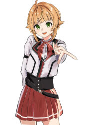 Rule 34 | 1girl, absurdres, ahoge, arm behind back, belt, black corset, blonde hair, blush, corset, eyebrows hidden by hair, flat chest, green eyes, highres, jacket, looking at viewer, mushoku tensei, norn greyrat, open mouth, pizu xxx, ranoa magic academy school uniform, red skirt, school uniform, shadow, shirt, short hair, simple background, sketch, skirt, smile, solo, teeth, upper teeth only, v, white background, white jacket, white shirt