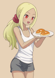 1girl :d blonde_hair breasts croissant dark-skinned_female dark_skin food gravity_daze highres kitten_(gravity_daze) long_hair open_mouth red_eyes shorts simple_background sktkhr smile solo tank_top white_tank_top