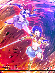 2girls :o armor asou_yuuko battle belt bikini_armor blue_eyes blue_hair boots copyright_name dark_valis_sword full_body highres kirishima_reiko knee_boots long_hair midriff miniskirt mugen_senshi_valis multicolored_background multiple_girls navel neckerchief red_hair scarf short_hair skirt sword tamago_tomato telenet_japan valis valis_sword weapon