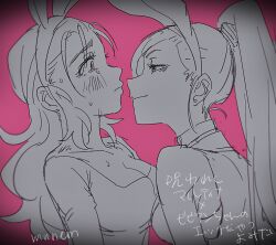 2girls animal_ears blush breasts cleavage commentary_request dragon_quest dragon_quest_xi earrings eye_contact fake_animal_ears greyscale_with_colored_background hair_slicked_back high_ponytail implied_yuri jewelry large_breasts long_hair looking_at_another martina_(dq11) mnnem multiple_girls pink_background ponytail profile rabbit_ears sketch stud_earrings sweatdrop translation_request upper_body vivian_(dq11)