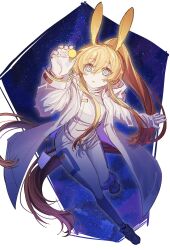 1girl absurdres amiya_(arknights) amiya_(guard)_(arknights) amiya_(guard)_(touch_the_stars)_(arknights) animal_ears arknights arm_up blonde_hair blue_eyes border brown_hair chinese_commentary coat commentary_request floating_hair full_body gloves gradient_hair hair_between_eyes highres leggings long_hair long_sleeves looking_up multicolored_hair official_alternate_costume open_clothes open_coat outside_border parted_lips solo star_(sky) starry_sky_background very_long_hair wangchuan white_border white_coat white_gloves white_leggings yellow_pupils