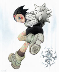 1other absurdres ambiguous_gender backpack bag black_hood blue_eyes brown_socks facial_tattoo full_body glyvees highres leg_tattoo looking_at_viewer original shirt simple_background socks solo spike_ball tattoo white_background white_bag white_footwear white_shirt white_sleeves