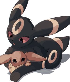 Rule 34 | animal focus, black eyes, black fur, brown eyes, brown fur, closed mouth, colored sclera, eevee, floameya, full body, gen 1 pokemon, gen 2 pokemon, highres, looking at viewer, nintendo, no humans, open mouth, pokemon, pokemon (creature), pokemon focus, red eyes, red sclera, simple background, solo, tail, umbreon, white background