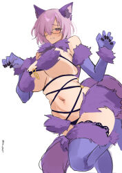 1girl absurdres animal_ears breasts elbow_gloves fate/grand_order fate_(series) fur-trimmed_gloves fur-trimmed_legwear fur_bikini fur_collar fur_trim glasses gloves halloween_costume highres lace lace-trimmed_legwear lace_trim large_breasts looking_at_viewer mash_kyrielight mash_kyrielight_(dangerous_beast) navel o-ring o-ring_top pinepin purple_eyes purple_gloves purple_tail purple_thighhighs revealing_clothes short_hair solo tail thighhighs wolf_ears wolf_tail
