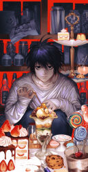 1boy absurdres bags_under_eyes black_eyes black_hair blue_pants blurry bottle cake cake_slice candy chocolate_chip_cookie commentary cookie cup death_note depth_of_field dessert food fruit hair_between_eyes hand_up hands_up highres holding holding_spoon huli_xiaobai ice_cream ice_cream_spoon jar l_(death_note) lollipop long_sleeves looking_at_viewer macaron male_focus marshmallow pants parfait plastic_wrap plate pov_across_table pudding red_background red_bean_paste shirt short_hair single_scoop sleeves_past_wrists solo spoon squatting straight-on strawberry strawberry_shortcake sundae swirl_lollipop tiered_tray user_zenn5372 whipped_cream white_shirt