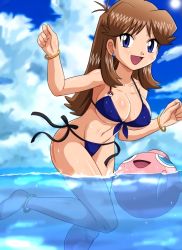1girl alternate_color anklet bikini blue_eyes bracelet breasts brown_hair cleavage covered_erect_nipples earrings gen_2_pokemon green_(pokemon) groin hip_focus igglybuff jewelry large_breasts long_hair nintendo pokemoa pokemon pokemon_(creature) shiny_skin side-tie_bikini_bottom smile swimming swimsuit toned water