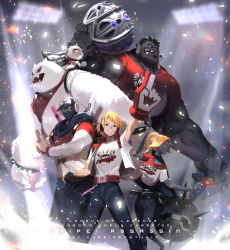 1girl 4boys absurdres arm_up artist_name ball black_pants black_skin blonde_hair blouse blurry blurry_background breasts colored_skin confetti dr._mundo ejami ezreal fangs feet_out_of_frame fur_trim grey_background headphones highres holding jacket large_breasts league_of_legends multiple_boys muscular muscular_male nunu_(league_of_legends) open_clothes open_jacket orianna_(league_of_legends) own_hands_together pants red_jacket red_shirt robot sharp_teeth shen_(league_of_legends) shirt short_hair short_sleeves smile teeth tpa_ezreal tpa_nunu white_fur white_shirt willump yeti_(creature)