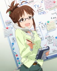 10s 1girl akizuki_ritsuko antenna_hair artist_request brown_eyes brown_hair cable cradling_phone dress_shirt female_focus glasses hair_bun holding idolmaster idolmaster_(classic) idolmaster_million_live! notebook official_art open_mouth pen phone shirt single_hair_bun smile solo talking talking_on_phone