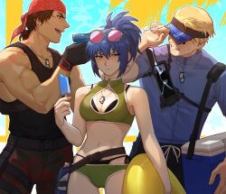 00a3af_231 1girl 2boys bandana black_panties blonde_hair blue_eyes blue_hair blue_shirt breasts clark_still cleavage earrings eyewear_on_head food green_eyes highres holding holding_food holding_popsicle ikari_warriors jewelry leona_heidern multiple_boys muscular muscular_male panties popsicle ralf_jones red_bandana shirt sunglasses swimsuit the_king_of_fighters triangle_earrings underwear