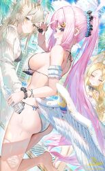 3girls absurdres alternate_costume alternate_hairstyle animal_ear_fluff animal_ears ass bare_back bare_shoulders bikini black_bikini black_scrunchie blonde_hair blue_archive blue_bow blue_flower blush bow breasts closed_mouth commentary_request feathered_wings flower forehead fox_ears fox_girl from_behind grin hair_flower hair_ornament hair_scrunchie halo highres kiramarukou large_breasts mika_(blue_archive) multiple_girls nagisa_(blue_archive) open_mouth pink_eyes pink_hair pink_halo ponytail pool poolside scrunchie seia_(blue_archive) smile standing standing_on_one_leg swimsuit tea_party v wet white_bikini wings wrist_scrunchie yellow_eyes