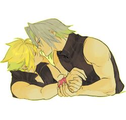2boys black_sweater black_vest blonde_hair bound bound_wrists closed_eyes cloud_strife couple final_fantasy final_fantasy_vii final_fantasy_vii_advent_children final_fantasy_vii_ever_crisis grey_hair imminent_kiss leaning_forward male_focus multiple_boys no_armor no_coat no_gloves outline parted_bangs parted_lips pink_ribbon ribbon sephiroth sephiroth_(ever_crisis) short_hair simple_background sleeveless sleeveless_sweater spiked_hair sweater takaraxiao time_paradox toned toned_male turtleneck turtleneck_sweater upper_body vest white_background yellow_outline