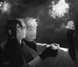 2boys black_hair closed_eyes ear_piercing facial_mark fangs fingerless_gloves gloves greyscale hand_on_another&#039;s_shoulder happy highres holding holding_fireworks looking_up male_focus monochrome multiple_boys naruto_(series) open_mouth piercing short_hair smile tamelee tongue uchiha_sasuke uzumaki_naruto whisker_markings