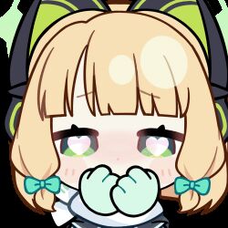 1girl animal_ear_headphones animal_ears animated animated_gif aqua_jacket blonde_hair blue_archive blunt_bangs blunt_ends blush blush_stickers bow bright_pupils cat_ear_headphones cat_ears chunye_haruya commission covered_mouth covering_own_mouth dot_nose fake_animal_ears gloves green_bow green_eyes green_gloves green_halo hair_bow half-closed_eyes halo hand_over_own_mouth headphones heart heart-shaped_pupils jacket looking_at_viewer looping_animation low-tied_sidelocks lowres midori_(blue_archive) midori_(winter)_(blue_archive) missing_commentary official_alternate_costume opening_eyes portrait scarf second-party_source short_hair sidelocks simple_background solo symbol-shaped_pupils text_print transparent_background white_pupils white_scarf winter_clothes