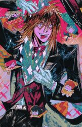 Rule 34 | 1girl, 5boys, absurdres, bagel (xinjinjumin900341874831), black suit, card, chibi, coattails, cowboy shot, diamond eyewear, fangs, formal clothes, glasses, gloves, highres, luther von ivory, medium hair, multiple boys, nana (randal&#039;s friends), nyen (randal&#039;s friends), nyon (randal&#039;s friends), orange hair, pink background, playing card, randal&#039;s friends, randal ivory, red eyes, red vest, sebastian de tomato smith chicken legs, suit, tongue, tongue out, vest