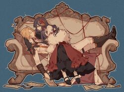 1boy 1girl ascot beads belt belt_buckle bishounen black_belt black_dress black_footwear black_vest blonde_hair blue_background boots bow buckle buttons chain clenched_hand closed_eyes collared_jacket commentary couch cross_pin dress formal_clothes frilled_dress frills full_body fur_scarf gold_chain grey_outline hair_beads hair_bow hair_ornament hair_over_shoulder hashtag-only_commentary heroine_(lovebrush_chronicles) hetero high_collar high_heel_boots high_heels highres holding holding_paper jacket knee_boots lars_rorschach lars_rorschach_(godheim) layered_dress leaning_forward long_dress long_hair long_sleeves looking_at_another lovebrush_chronicles lying mary_janes medium_hair multiple_belts on_back on_couch open_clothes open_jacket outline pants paper parted_lips pillow purple_eyes purple_hair red_bow red_dress red_ribbon ribbon scarf shoe_belt shoes simple_background sitting sleeping socks suit thigh_belt thigh_strap twitter_username vest white_ascot white_jacket white_pants white_scarf white_sleeves white_socks white_suit z6 zzz