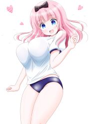 1girl :o black_bow blue_eyes blush bow bra breasts buruma fujiwara_chika heart highres imai_kazunari kaguya-sama_wa_kokurasetai_~tensai-tachi_no_renai_zunousen~ large_breasts see-through_clothes see-through_shirt shirt short_sleeves underwear white_background