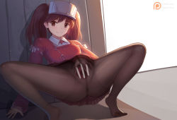 1girl anus ass black_pantyhose blush brown_eyes brown_hair censored crotch_seam feet female_focus flat_chest hand_in_pantyhose japanese_clothes kantai_collection kariginu looking_at_viewer magatama magic_xiang pantyhose pleated_skirt pussy red_shirt ryuujou_(kancolle) shirt skirt solo spread_legs spread_pussy spreading_own_pussy thighs twintails visor_cap