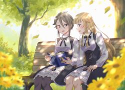 Rule 34 | 2girls, absurdres, ange (princess principal), bench, black bow, black pantyhose, blonde hair, blue eyes, book, bow, braid, breasts, commission, flower, grey hair, hair between eyes, highres, long hair, long sleeves, multiple girls, open book, outdoors, pantyhose, park bench, pixiv commission, princess (princess principal), princess principal, school uniform, small breasts, smile, tree, xin (blueramen)