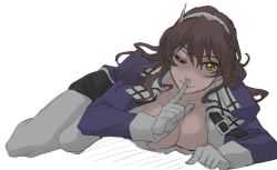 1girl ashigara_(kancolle) ashigara_kai_ni_(kancolle) breasts brown_eyes brown_hair cleavage commentary_request fake_horns gloves hairband highres horned_headwear horns index_finger_raised kantai_collection long_hair looking_at_viewer lying military military_uniform on_stomach one-hour_drawing_challenge open_clothes pantyhose simple_background solo sozan wavy_hair white_background white_gloves white_pantyhose
