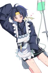 1girl absurdres ahoge alternate_costume apron asaba_harumasa black_hair black_necktie black_shirt blush changmi heart highres looking_at_viewer necktie open_mouth shirt short_hair solo teeth upper_teeth_only white_apron yellow_eyes zenless_zone_zero