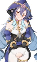 1girl absurdres bags_under_eyes bare_shoulders black_gloves black_skirt blue_hair blue_hood blue_sleeves blush bright_pupils cleft_of_venus clothes_lift commentary_request detached_sleeves drill_hair drill_sidelocks genshin_impact gloves gold_choker gradient_hair hair_between_eyes highres hood hood_up jewelry layla_(genshin_impact) lifting_own_clothes long_hair long_sleeves looking_at_viewer monmo_(gtgr3578) multicolored_hair neck_ring pantyhose pointy_ears puffy_sleeves pussy sidelocks simple_background skirt skirt_lift solo thighlet torn_clothes torn_pantyhose twin_drills uncensored very_long_hair white_background white_pantyhose white_pupils yellow_eyes