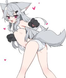 1girl ahoge animal_ears animal_hands bikini borrowed_character commentary flat_chest gloves grey_hair hair_ornament highres long_hair original paw_gloves rir-chan solo striped_clothes swimsuit symbol-only_commentary tail w_(wvvge1033) wolf_ears wolf_girl wolf_tail