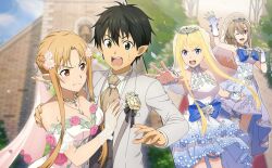 1boy 3girls ;d alice_zuberg asuna_(sao) asuna_(stacia)_(sao) black_eyes black_hair blonde_hair blue_dress blue_eyes blurry blurry_background braid breasts brown_eyes brown_hair cleavage collarbone dress eydis_(sao) fingerless_gloves flower gloves gradient_clothes gradient_dress gradient_gloves hair_flower hair_ornament half_up_braid hand_on_another&#039;s_shoulder jacket jewelry kirito kirito_(sao-alo) layered_dress long_hair long_sleeves medium_breasts multiple_girls nail_polish necklace one_eye_closed open_clothes open_jacket open_mouth outstretched_arm pink_flower pink_nails pink_rose pointy_ears rose shirt short_dress short_hair single_thighhigh sleeveless sleeveless_dress smile strapless strapless_dress sweatdrop sword_art_online sword_art_online:_alicization sword_art_online:_unleashed_blading thigh_strap thighhighs titania_(sao) v-shaped_eyebrows very_long_hair wedding_dress white_dress white_flower white_jacket white_rose white_shirt
